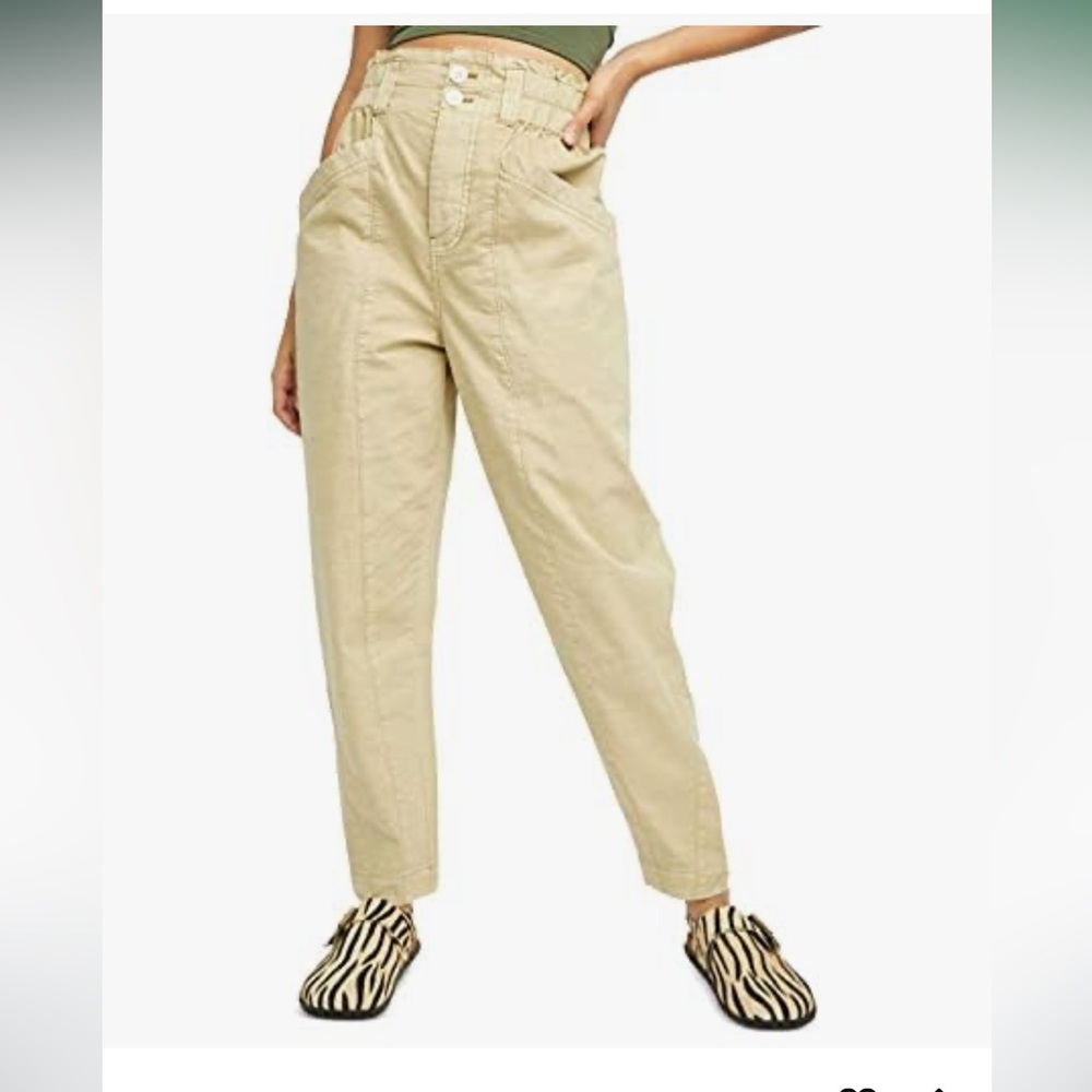 FREE PEOPLE Med Ready To Run Cinch Waist Paper Bag Pants Sand Beige Drop Crotch